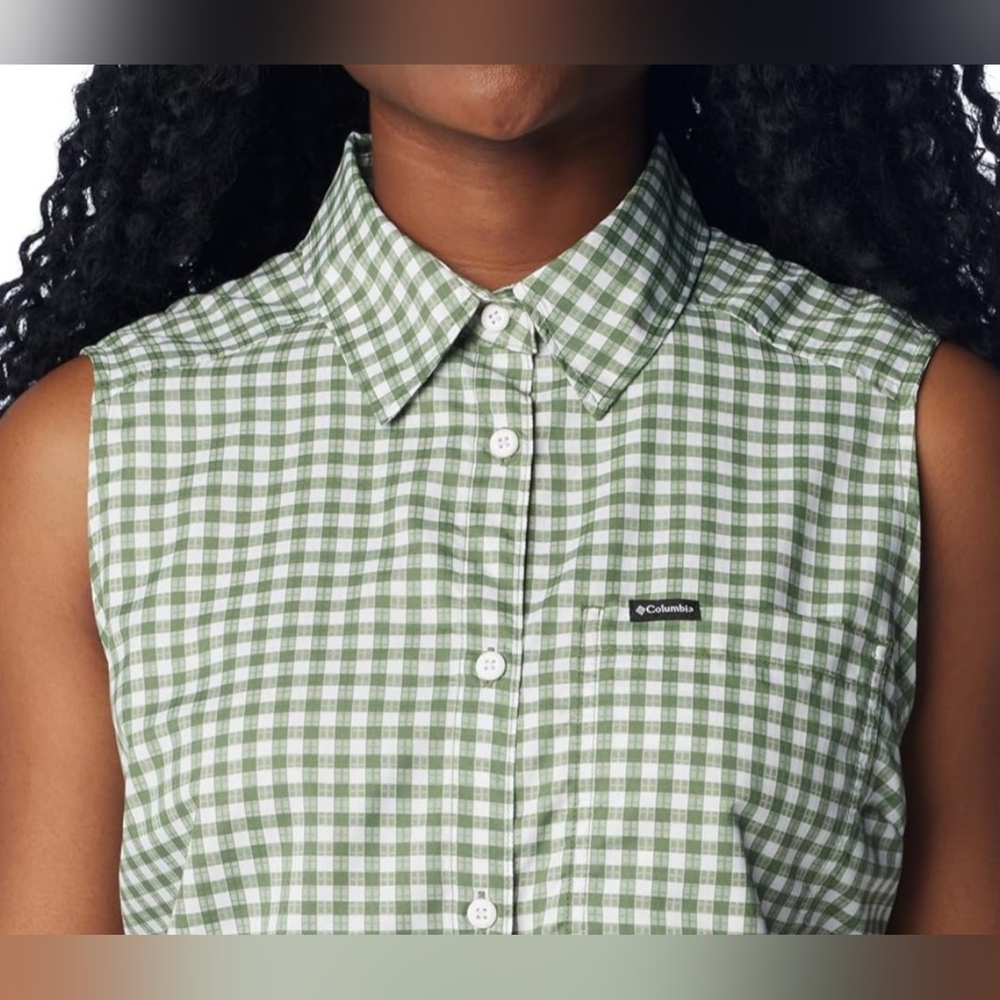 COLUMBIA Anytime Lite Sleeveless Shirt - Green Gingham - Size S (NWT) - Picture 2 of 15